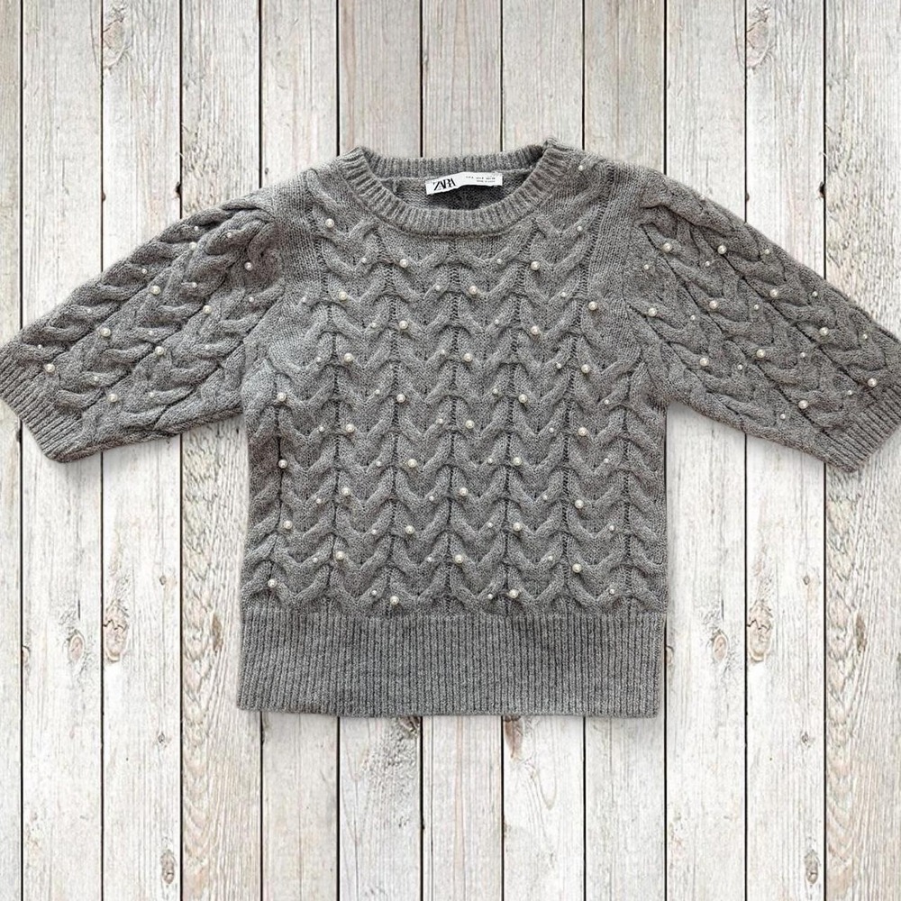 Zara Gray Pearl Embellished Cable Knit Sweater Size Small